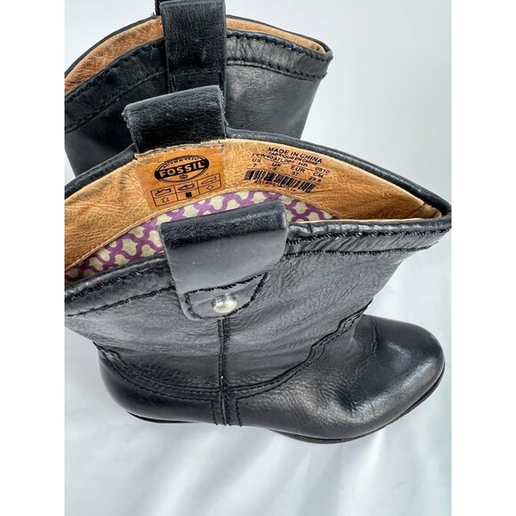 Fossil Women Black Leather Cowboy Western Festival Boots sz 7 - Picture 4 of 8
